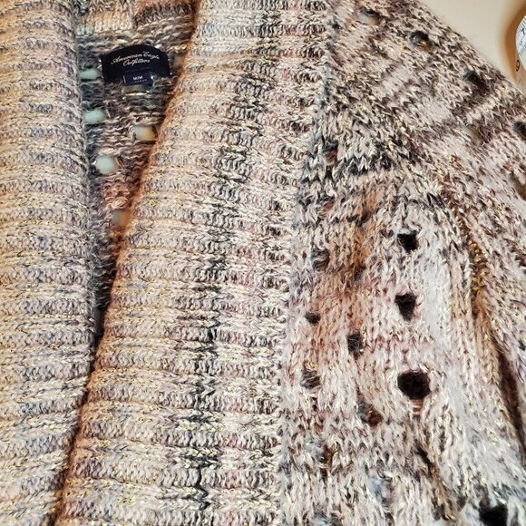AMERICAN EAGLE SZ M Open Weave, Open Front Metallic Purple Gray Cardigan Sweater - Picture 5 of 7